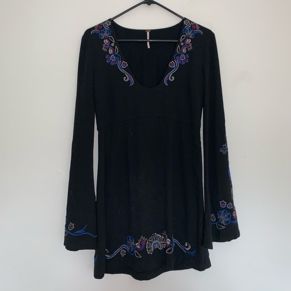 Free People Dresses & Skirts - Free People Embroidered Bell Sleeve Black Dress